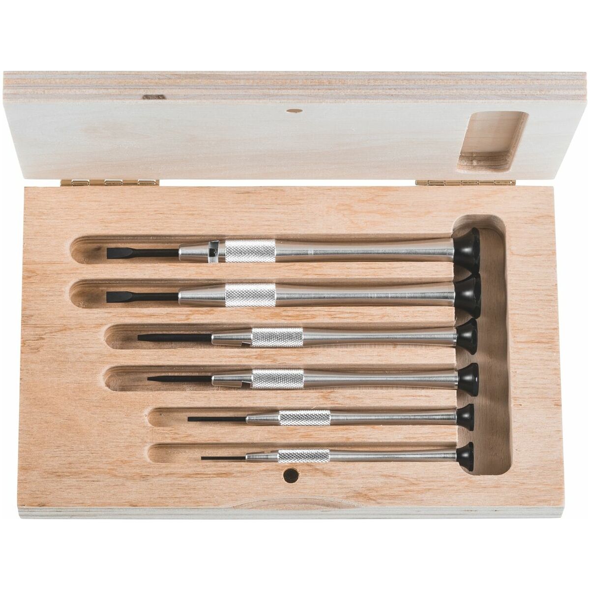 Bộ tua vít Holex cho thợ sửa đồng hồ gồm 6 cây với tay cầm nhôm đựng trong hộp gỗ Bộ tua vít Holex cho thợ sửa đồng hồ gồm 6 cây với tay cầm nhôm đựng trong hộp gỗ